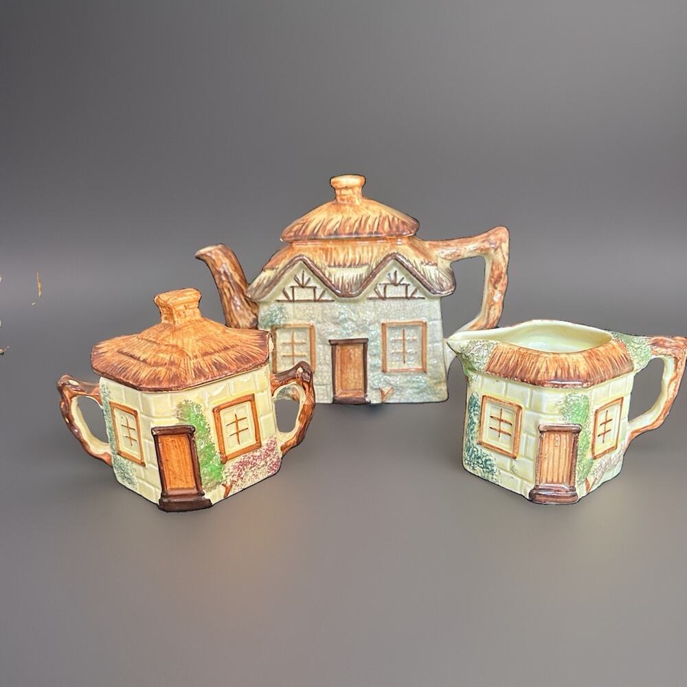 Vintage Keele Street Pottery Thatched English Cottage Garden Teapot Cream Sugar